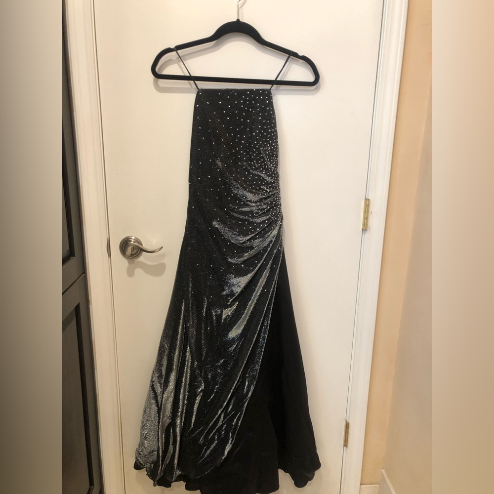 Jr teen Jump Elegant Black and Silver Backless Gown